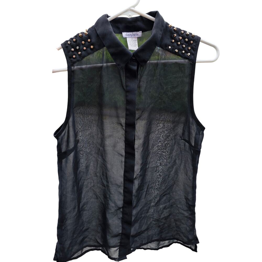 Sheer Womens Small Black Top Button Up Studded Sleeveless Shirt Dizzy Lizzy